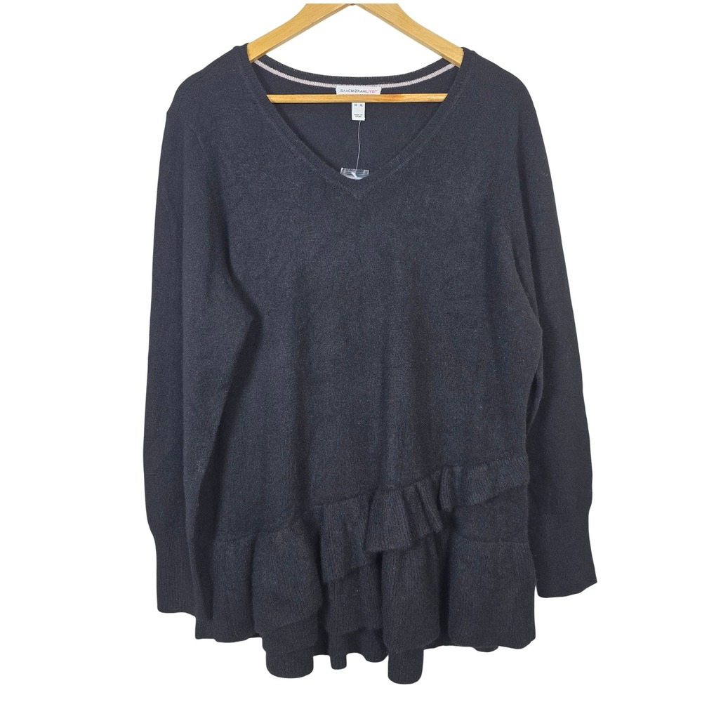 Isaac Mizrahi Live Womens XL Black 100% Cashmere V-Neck Ruffle Hem Tunic Sweater